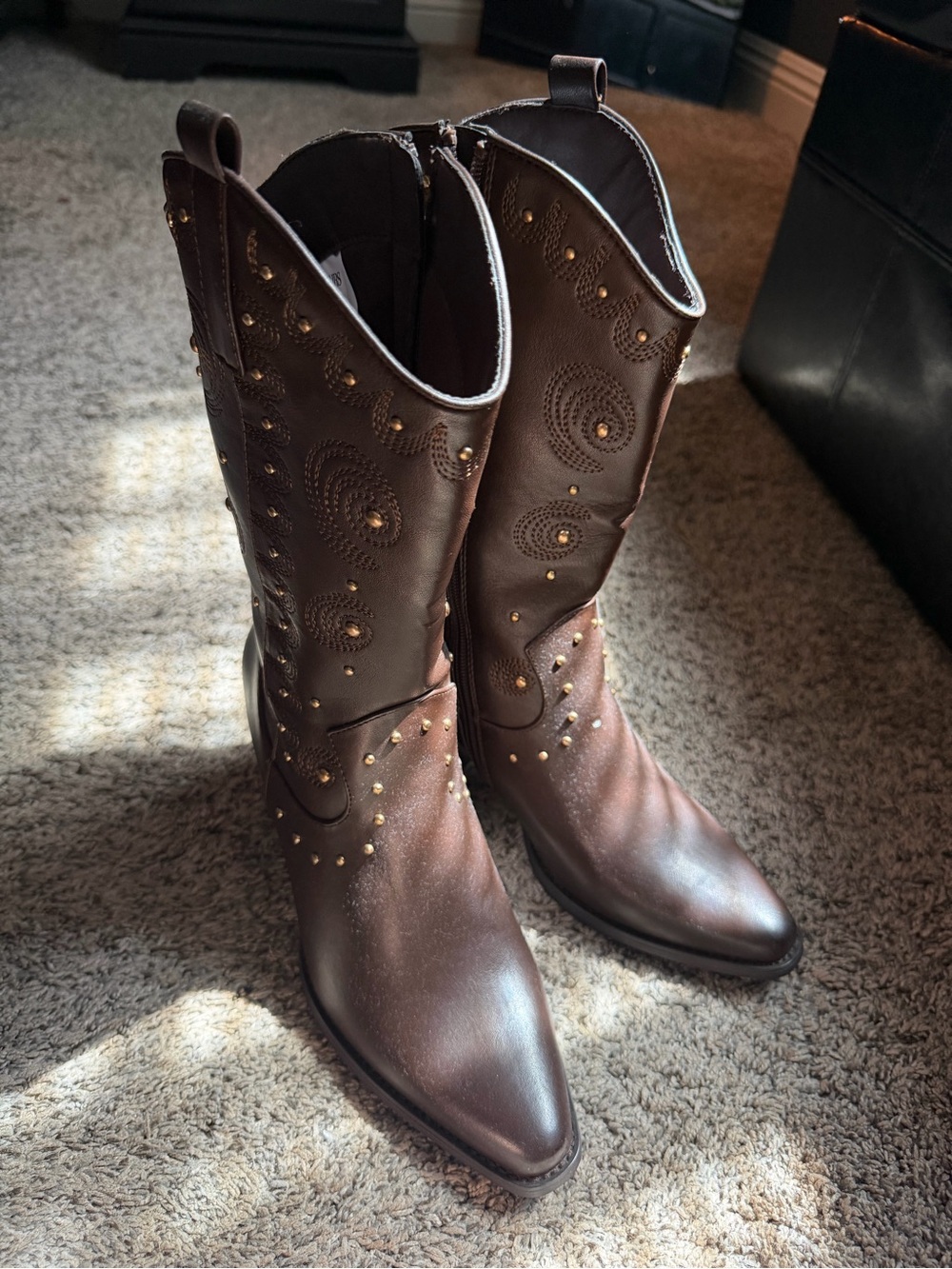 Dream Pairs Brown Studded Mid-Calf Cowboy Boots